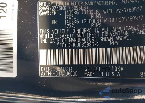 2015 Toyota Sienna Xle Premium 8 Passenger из США, поврежденный, VIN 5TDYK3DC0FS599622